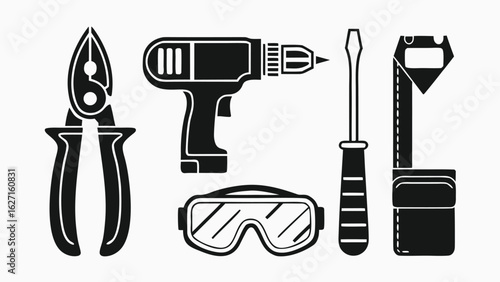 Pliers drill screwdriver goggles tape measure vector