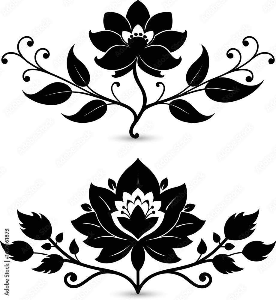 Elegant black floral silhouette illustration featuring intricate leaf and flower patterns. Vector
Elegant black floral silhouette illustration featuring intricate leaf and flower patterns. Vector