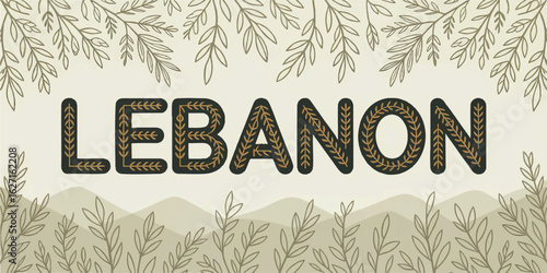 Lebanon Nature-Themed Typography with Leafy Branches and Minimalist Mountain Landscape, Botanical Design Illustration