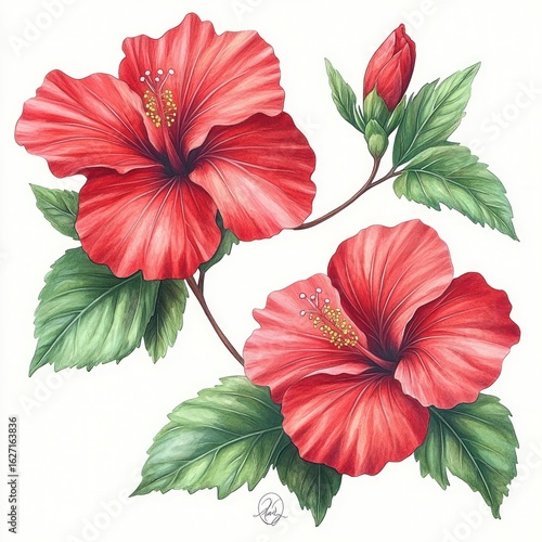 Illustration of two vibrant red hibiscus flowers with detailed petals and yellow-tipped stamens surrounded by lush green leaves and a closed bud on a thin stem