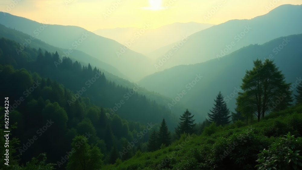 Serene mountain valley bathed in golden morning sunlight casting long shadows across lush green slopes Serene mountain valley bathed in golden morning sunlight casting long shadows across lush green slopes