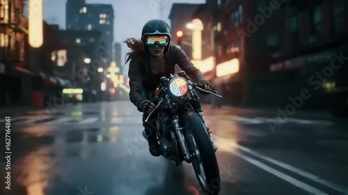 Woman on a motorcycle on a rainy city street at night