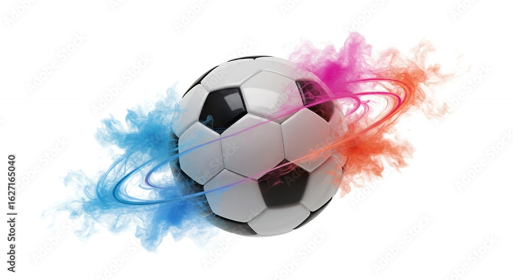 Fototapeta premium Soccer ball with abstract colorful smoke elements on white background
