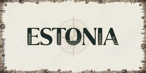 Estonia Typography Art with Nature Elements and Birch Frame, Compass Background, Travel and Tourism Decorative Vector Illustration