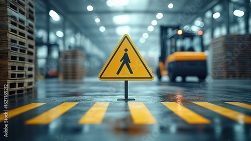 Pedestrian crossing sign in an industrial warehouse with pallets and a moving forklift in a spacious, well-lit environment
