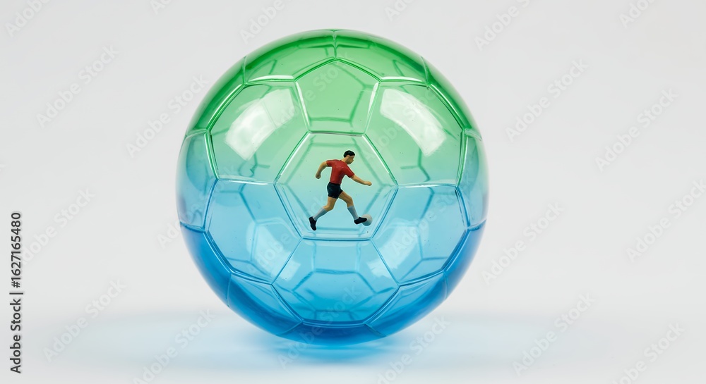 Naklejka premium Transparent soccer ball with blue green gradient and athlete illustration