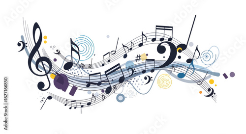 Colorful Notes and Symbols in Abstract Design, Artistic Illustration of Sound Waves, Creative Environment