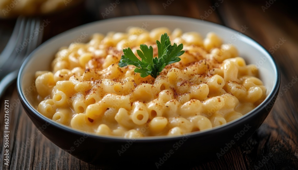 close-up of creamy macaroni and cheese garnished with a sprig of fresh green parsley and sprinkled with paprika in a white bowl on a wooden table close-up of creamy macaroni and cheese garnished with a sprig of fresh green parsley and sprinkled with paprika in a white bowl on a wooden table