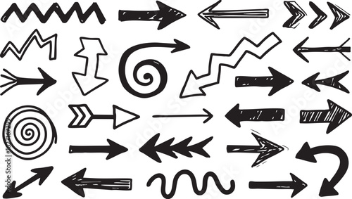 Vector art of assortment of handdrawn black arrows showing various directions and curves, isolated on a white background