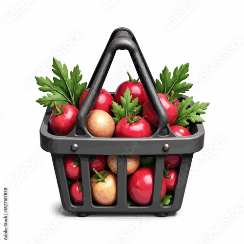 Colorful basket filled with fresh tomatoes and greens on a white background