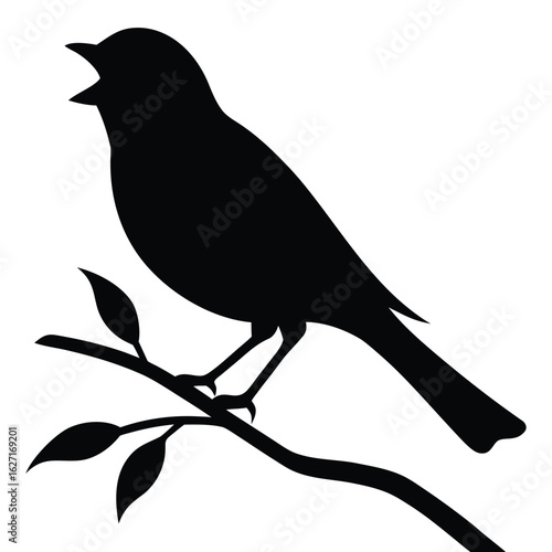 Black silhouette of a bird singing on a branch with leaves white