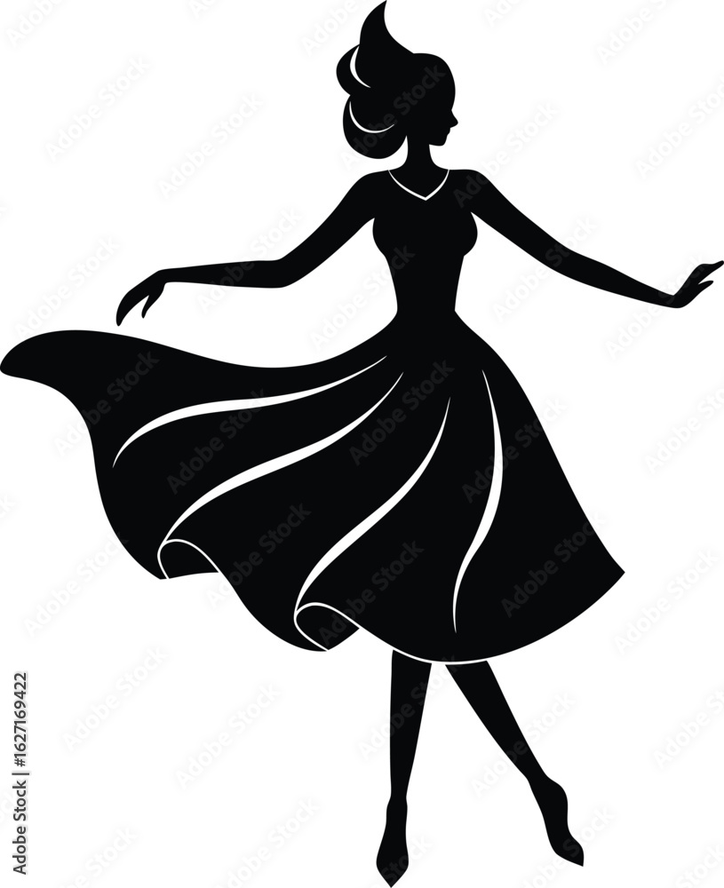 Silhouette of a girl twirling in a flared dress isolated on transparent background Silhouette of a girl twirling in a flared dress isolated on transparent background