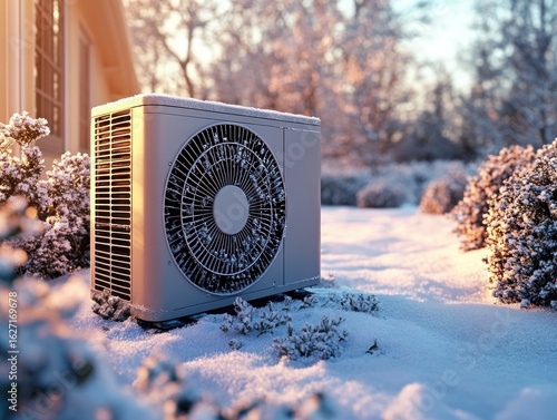 Outdoor air conditioning unit covered in snow during a winter sunrise with frosted bushes and trees surrounding a house