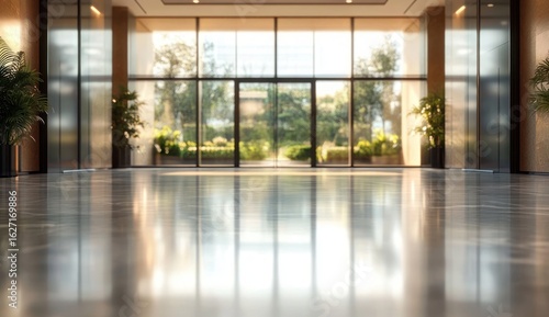 Bright and spacious empty lobby with large floor-to-ceiling windows overlooking a lush garden area  polished reflective floor  and potted plants along the walls