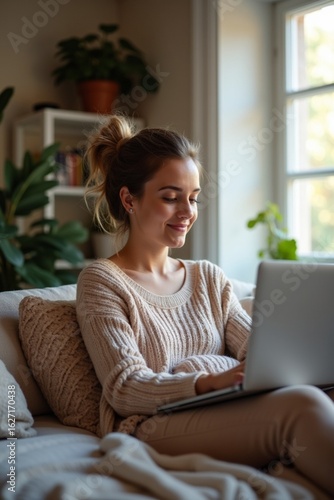 Free Download A lifestyle photo of freelancer working from home on laptop, cozy interior, natural daylight - GFXLoad