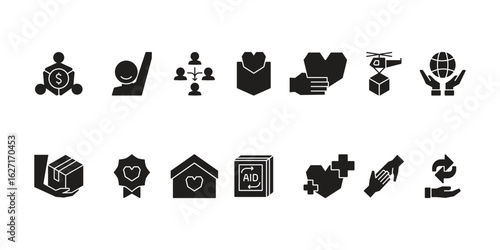 Charity and social welfare icon set collection for giving, nonprofit organizations, volunteering, donation, community support, humanitarian aid, and global relief