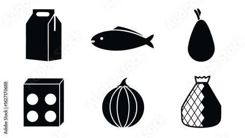 Black icons of food and drink items milk carton fish