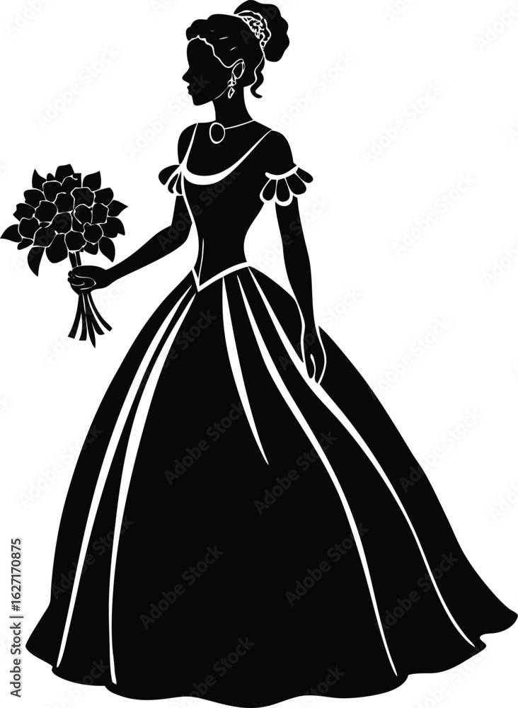 Fototapeta premium Elegant lady in ball gown holding flower bouquet silhouette isolated on transparent background