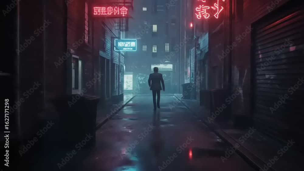 A solitary figure walks through a neon-lit alley at night, surrounded by urban graffiti and glowing signs A solitary figure walks through a neon-lit alley at night, surrounded by urban graffiti and glowing signs