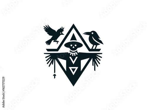 Spooky scarecrow with a pumpkin head and a raven vector illustration with a classic Halloween aesthetic