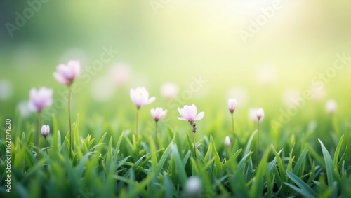 Gentle Pink Flowers Blooming in Lush Green Grass Illuminated by Soft Sunlight