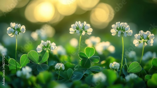 Close-up of white clover flowers and green leaves bathed in soft golden sunlight creating a peaceful and serene atmosphere