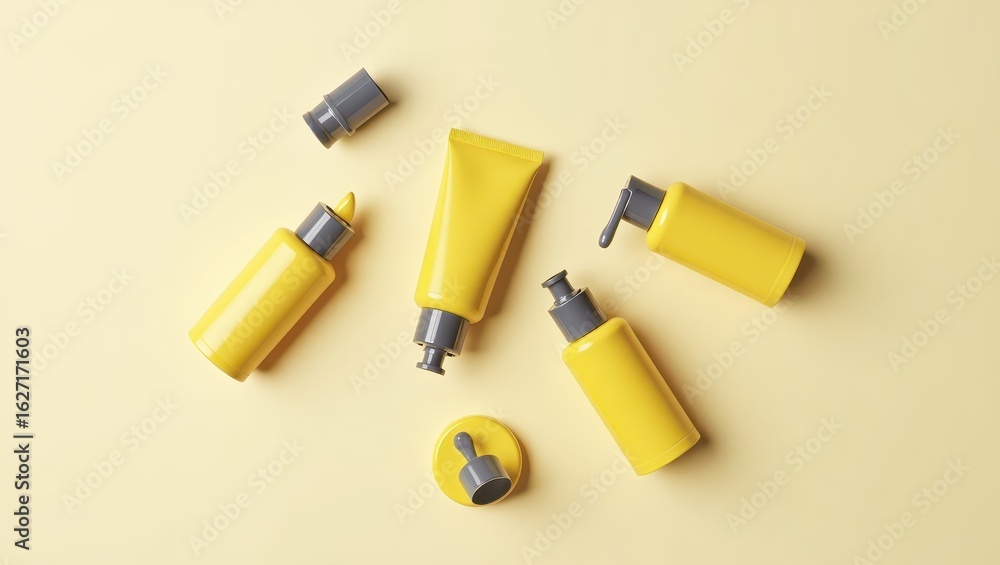 Assorted yellow cosmetic containers arranged on a pale background. Assorted yellow cosmetic containers arranged on a pale background.