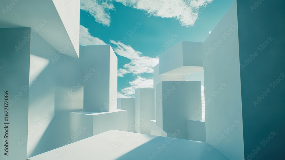 Fototapeta premium White Cubic Cityscape Under Blue Sky.
