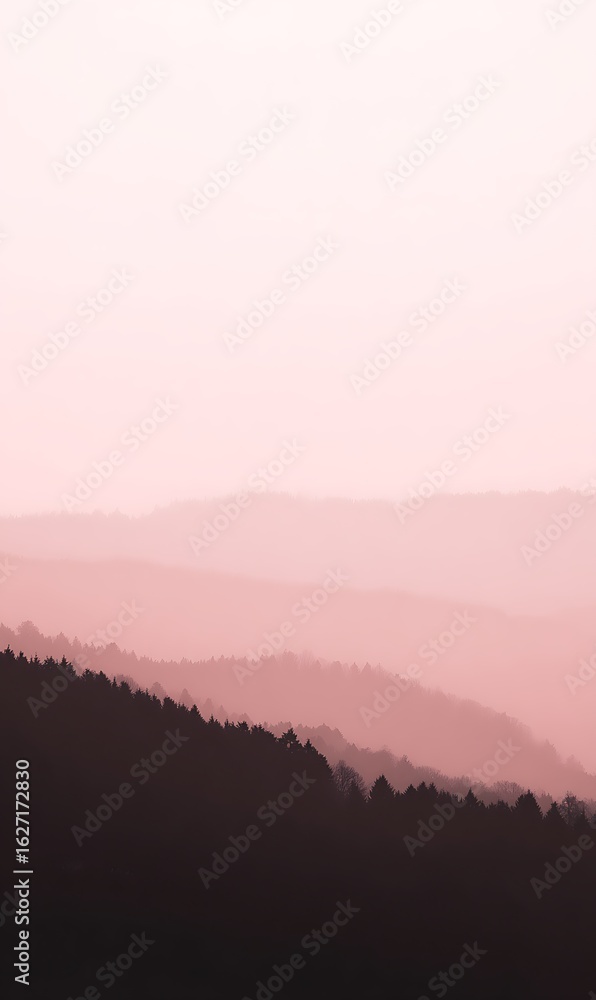 Pink shrouded hills with dark forest Pink shrouded hills with dark forest