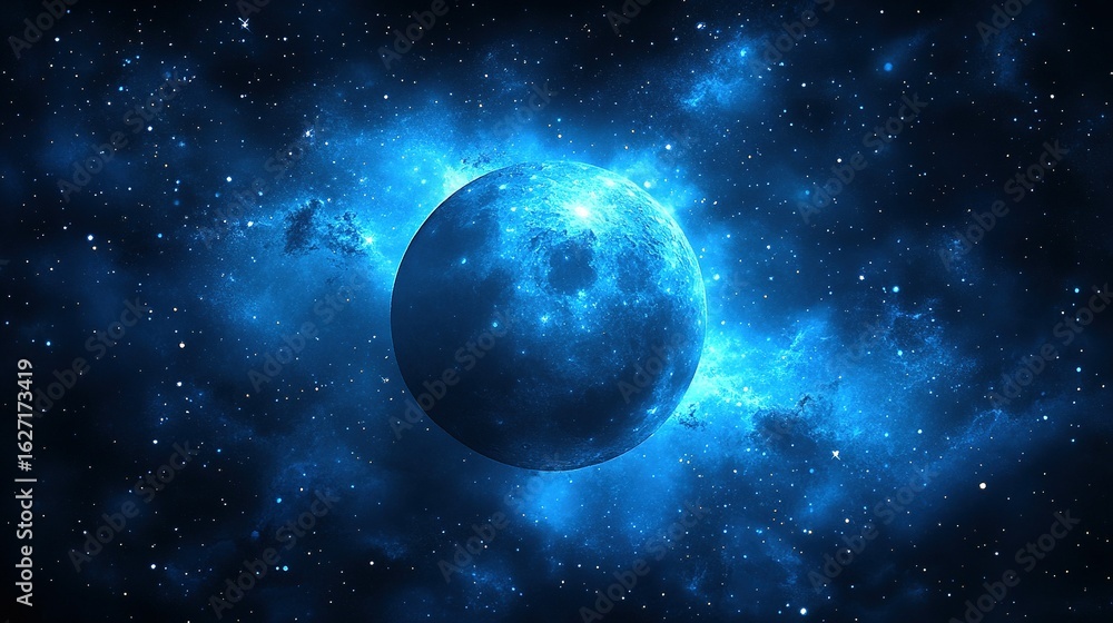 Obraz premium Ethereal Blue Moon Illuminates Starry Cosmic Nebula with Radiant Glow