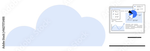 Cloud element with a data analysis dashboard featuring graphs, pie chart, and interface elements. Ideal for technology, analytics, cloud storage, networking, SaaS, big data digital transformation