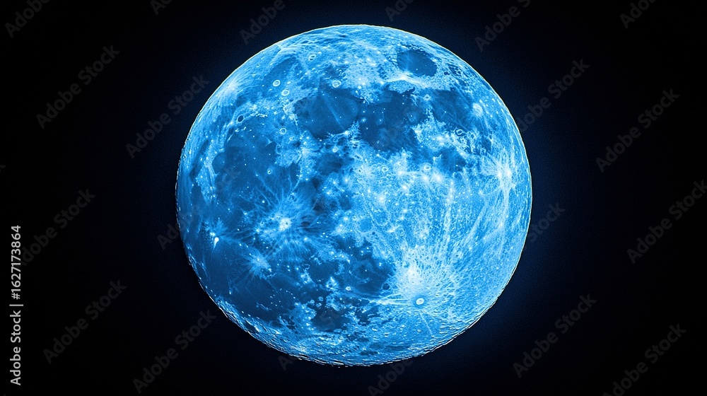 Fototapeta premium Electric Blue Full Moon with Luminous Craters Against Deep Space