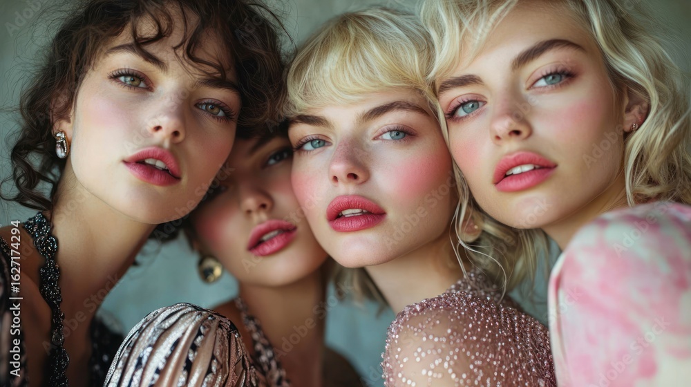 Obraz premium Close-up portrait of four young women with flawless skin and stylish outfits posing closely together with soft natural light highlighting their facial features and subtle makeup