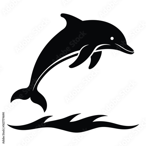 Black silhouette of a dolphin leaping over stylized waves jumping ocean