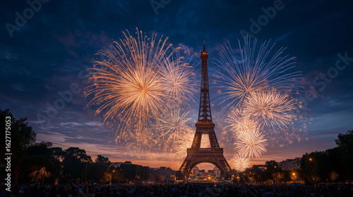 Wallpaper Mural Eiffel Tower Fireworks: A stunning display of fireworks erupts behind the iconic Eiffel Tower, illuminating the night sky with vibrant colors and creating a spectacle of wonder and celebration. Torontodigital.ca