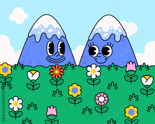 Two cheerful blue mountains with snowcaps and expressive faces, peeking out from a colorful flower filled meadow vector illustration