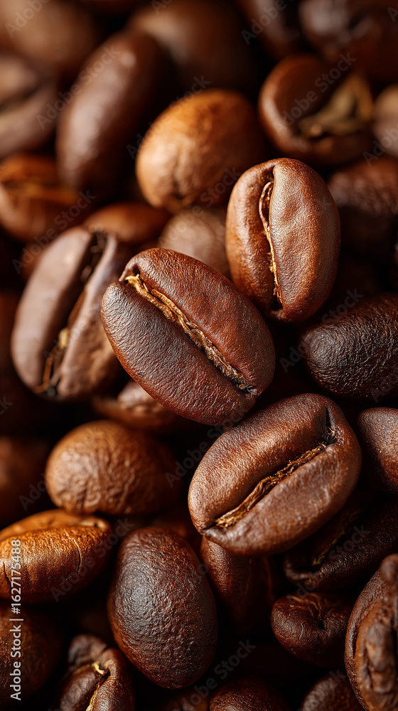Naklejka premium Aromatic Coffee Beans: A close-up shot of freshly roasted coffee beans, showcasing rich textures and enticing hues, perfect for invoking the sensory experience of a morning brew.