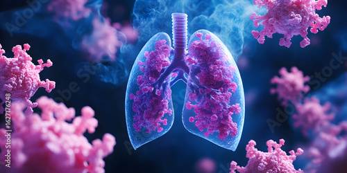 Legionnaires disease bacteria illustration. Artistic representation of human lungs surrounded by virus particles in a dark background