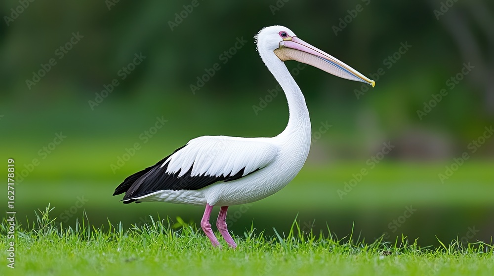 Fototapeta premium White Pelican in Lush Green Grass