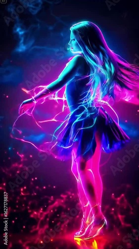 A Dancing Figure Surrounded By Vibrant Neon Lights Conveys Energy And Movement In A Dark Backdrop
