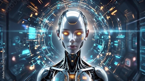 Futuristic Robot Concept Presents A Humanoid Figure With Glowing Eyes Amidst Holographic Displays
