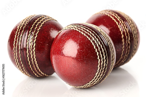 Closeup of Three Red Leather Cricket Balls with Seam Detail on White Surface