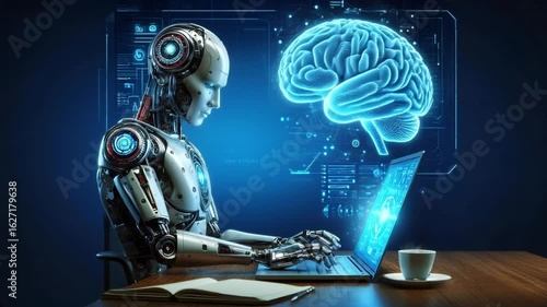 Intelligent Robot Thoughtfully Working On A Laptop Seemingly Contemplating A Digital Brain Design
