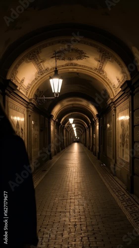 Portrait of Woman Walking Through Dark Brick Tunnel With Lights