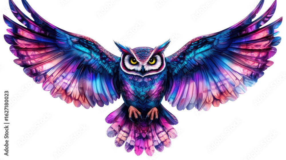 Obraz premium Owl mid-flight with wide wings and vibrant feathers 3D illustration on white background