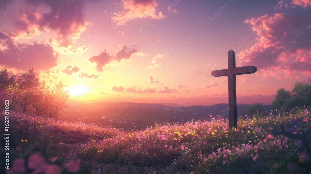 Fototapeta premium Sunset Cross Hilltop Bloom.