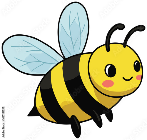 lebah bee Adorable cartoon bee with black stripes, wings, and antennae cheerfully buzzing on a white background