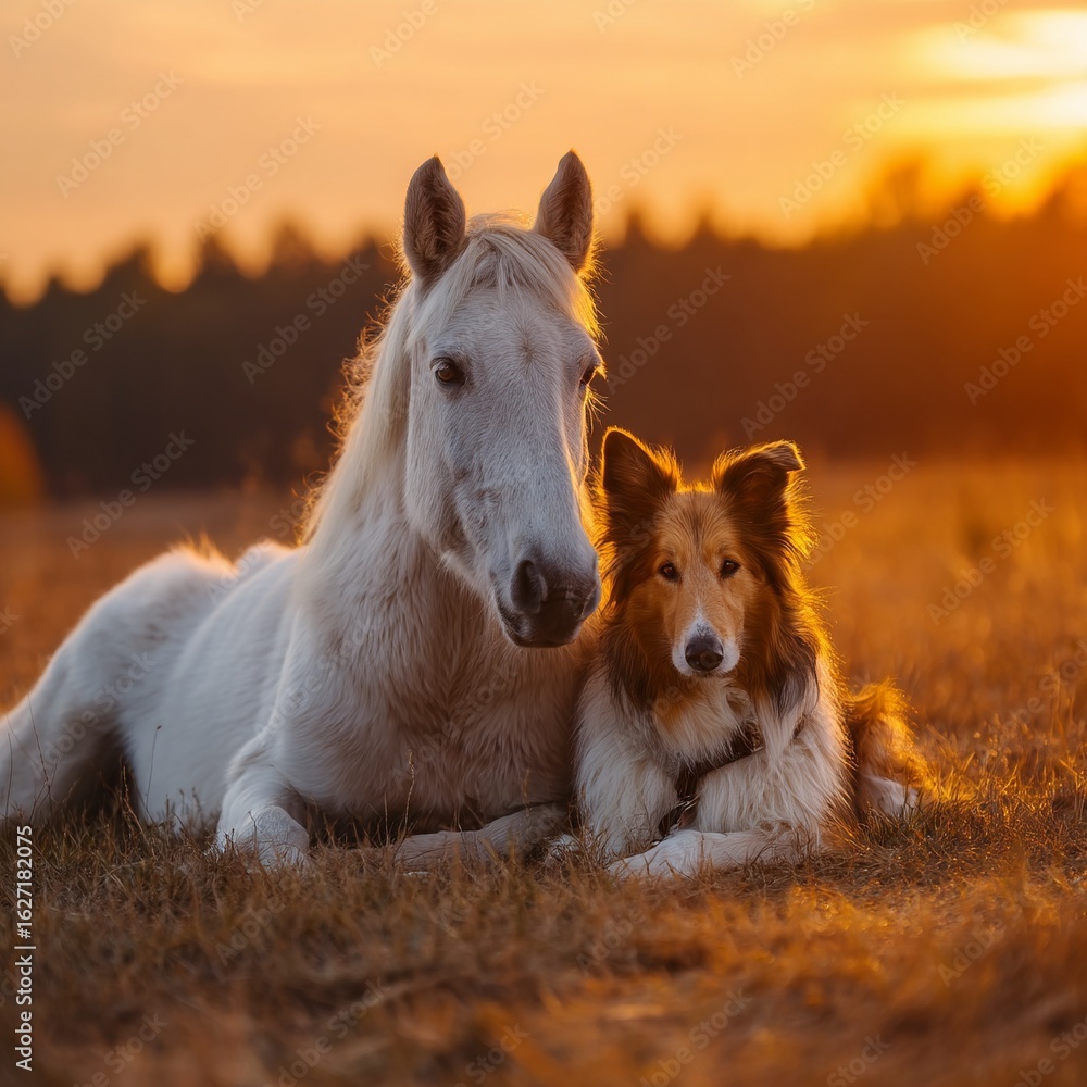 Fototapeta premium White Horse and Collie Dog Resting at Sunset