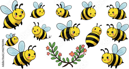 lebah bee Adorable cartoon bees buzzing around a floral sprig, creating a cheerful and whimsical illustration
