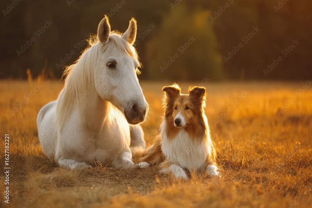 Obraz premium White Horse and Collie Dog Resting at Sunset